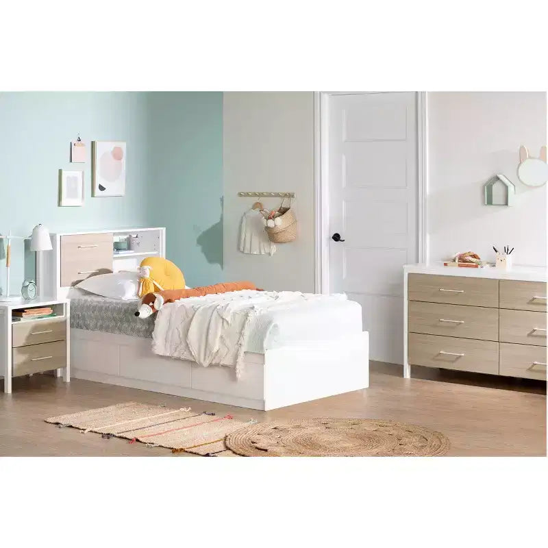Munich Mates Kids' Bed with 3 Drawers Pure White - South Shore: Modern Twin Platform, Matte Finish, MDF Frame