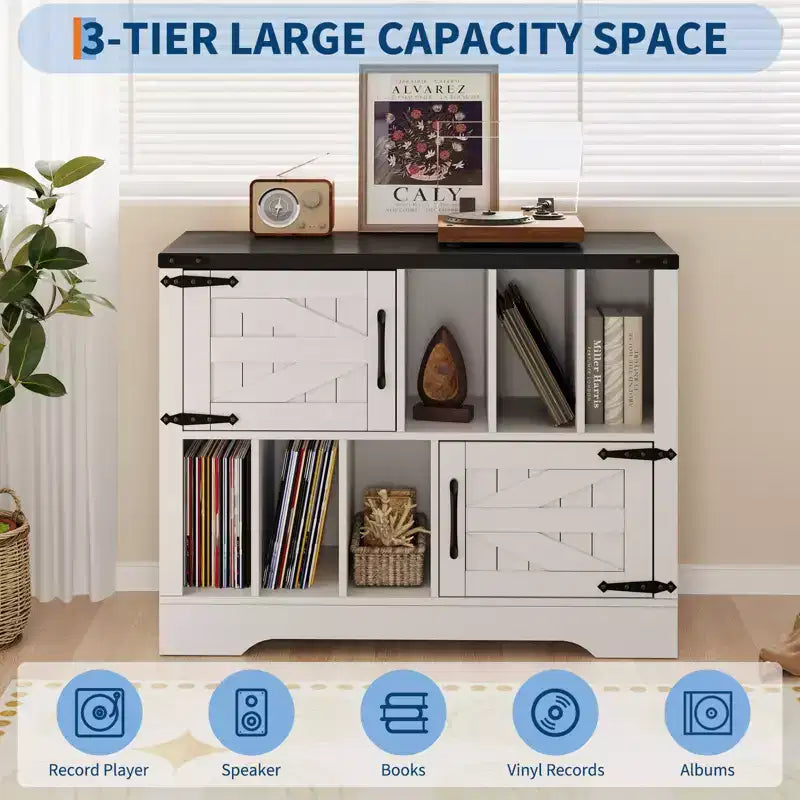 39 Vinyl Record Storage Cabinet with Barn Doors, Mid-Century Modern Turntable Stand with Storage Shelf, Farmhouse Style Media Console