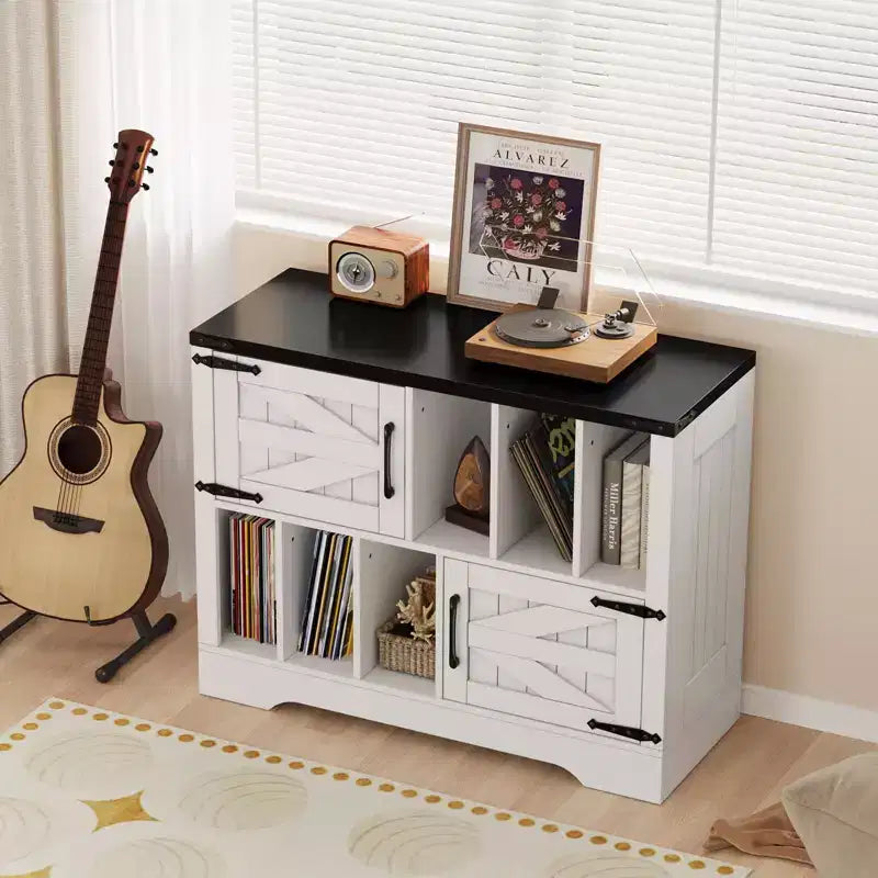 39 Vinyl Record Storage Cabinet with Barn Doors, Mid-Century Modern Turntable Stand with Storage Shelf, Farmhouse Style Media Console