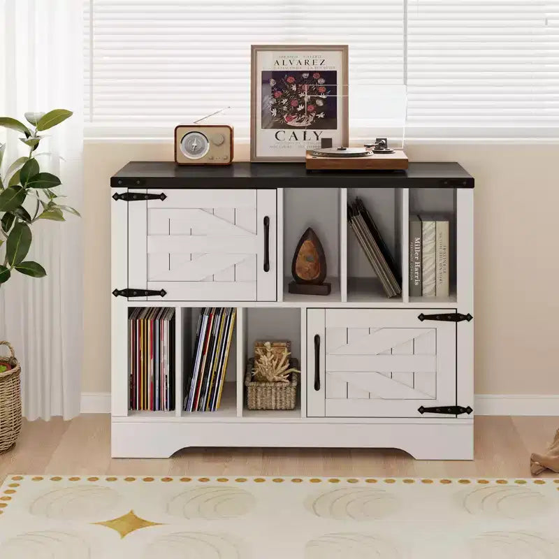 39 Vinyl Record Storage Cabinet with Barn Doors, Mid-Century Modern Turntable Stand with Storage Shelf, Farmhouse Style Media Console