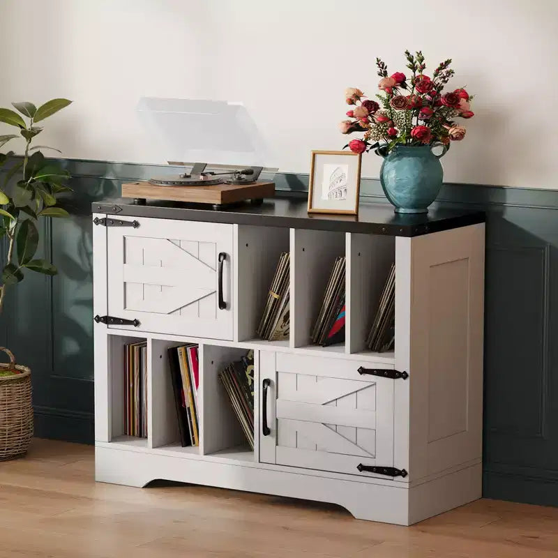 39 Vinyl Record Storage Cabinet with Barn Doors, Mid-Century Modern Turntable Stand with Storage Shelf, Farmhouse Style Media Console