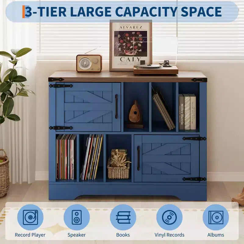 39 Vinyl Record Storage Cabinet with Barn Doors, Mid-Century Modern Turntable Stand with Storage Shelf, Farmhouse Style Media Console