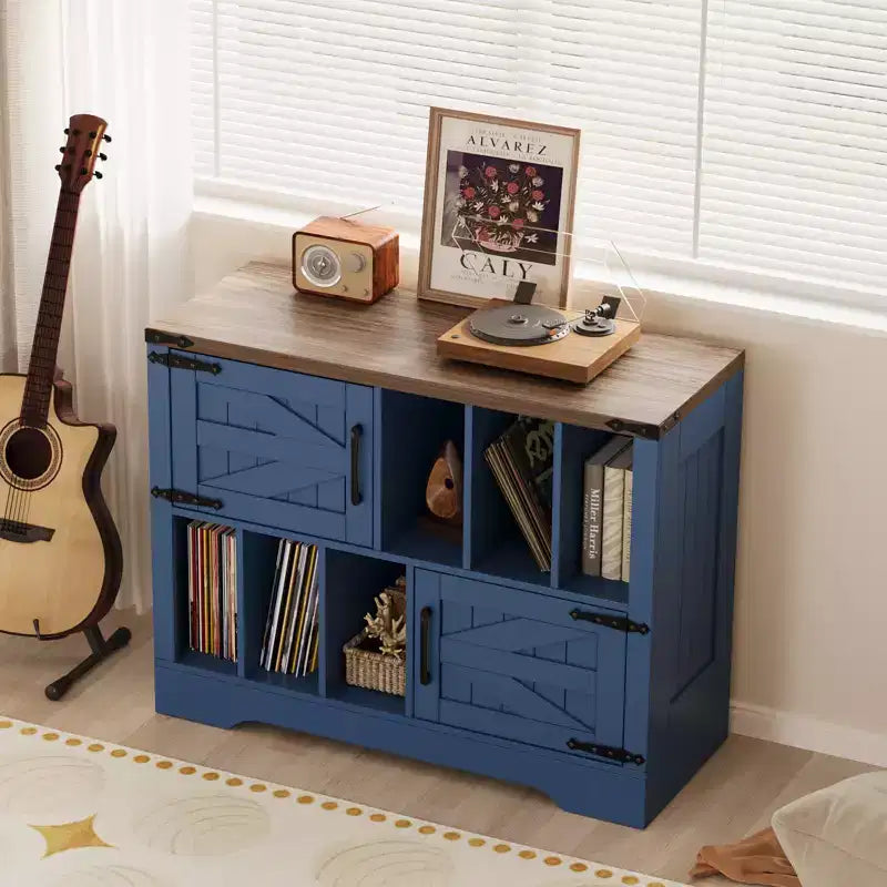 39 Vinyl Record Storage Cabinet with Barn Doors, Mid-Century Modern Turntable Stand with Storage Shelf, Farmhouse Style Media Console