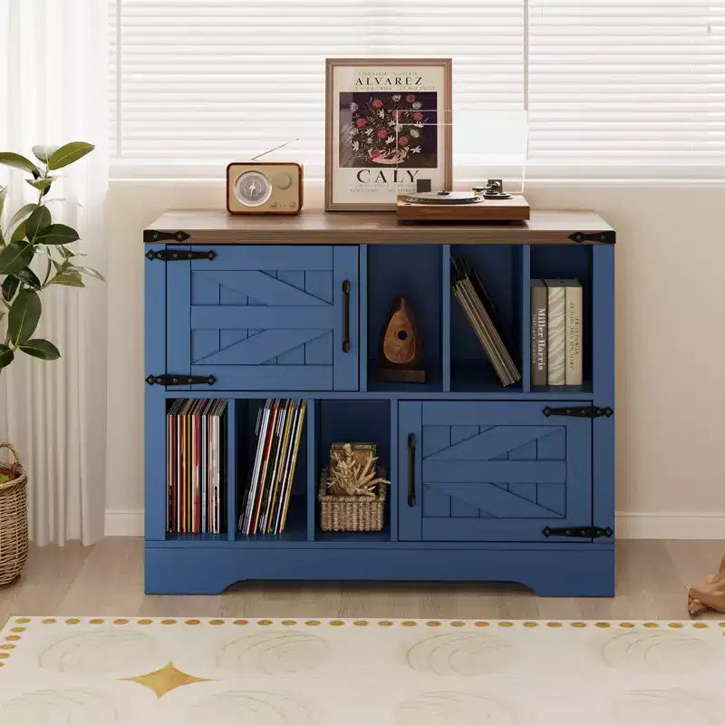 39 Vinyl Record Storage Cabinet with Barn Doors, Mid-Century Modern Turntable Stand with Storage Shelf, Farmhouse Style Media Console