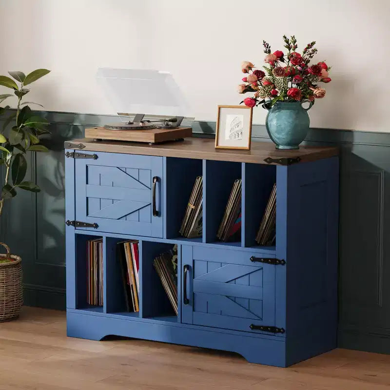 39 Vinyl Record Storage Cabinet with Barn Doors, Mid-Century Modern Turntable Stand with Storage Shelf, Farmhouse Style Media Console