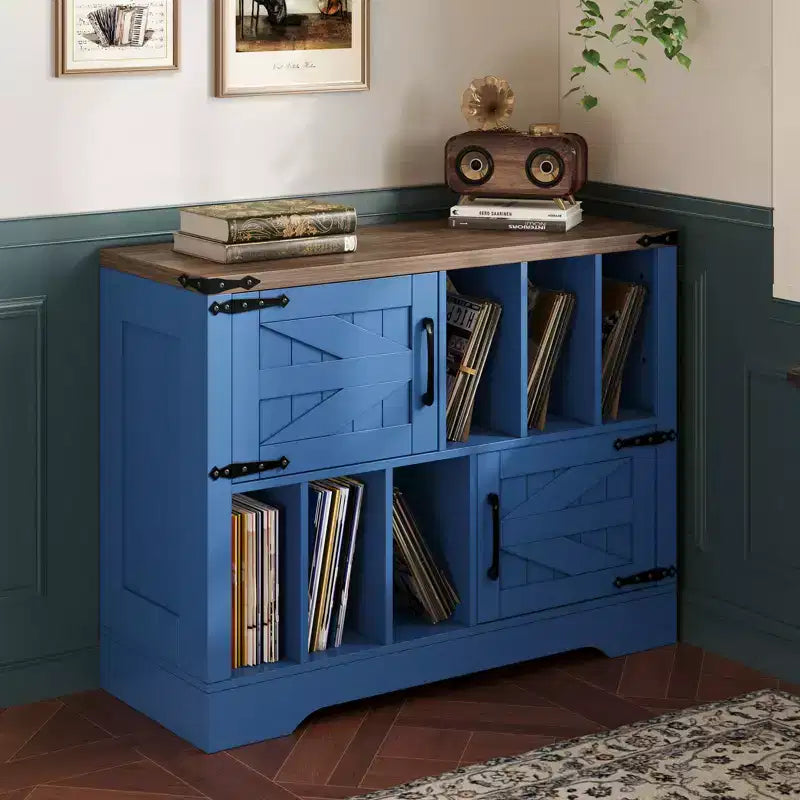 39 Vinyl Record Storage Cabinet with Barn Doors, Mid-Century Modern Turntable Stand with Storage Shelf, Farmhouse Style Media Console