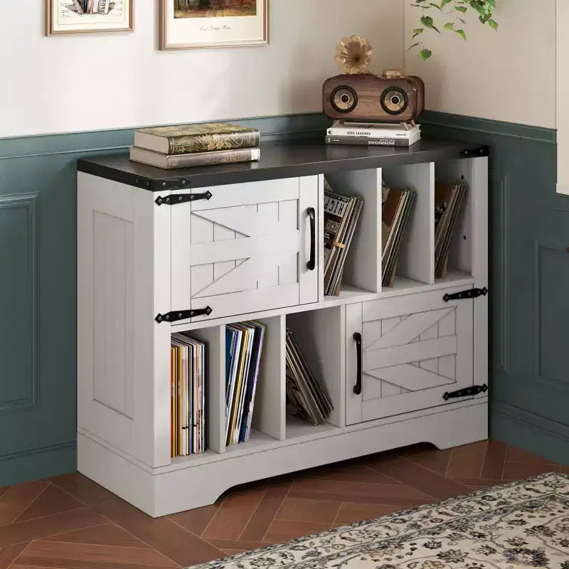 39 Vinyl Record Storage Cabinet with Barn Doors, Mid-Century Modern Turntable Stand with Storage Shelf, Farmhouse Style Media Console