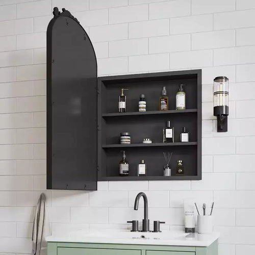 20x30 Inch Carved Black Arched Medicine Cabinet with Mirror Recessed or Surface Mount Sturdy Vintage Metal Frame