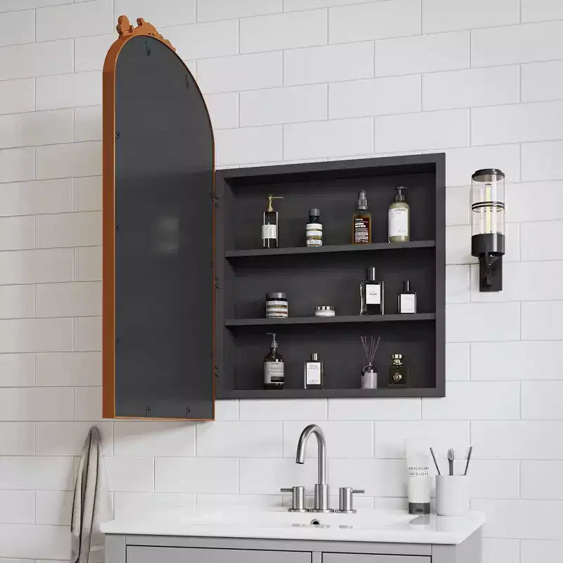 20x30 Inch Carved Black Arched Medicine Cabinet with Mirror Recessed or Surface Mount Sturdy Vintage Metal Frame