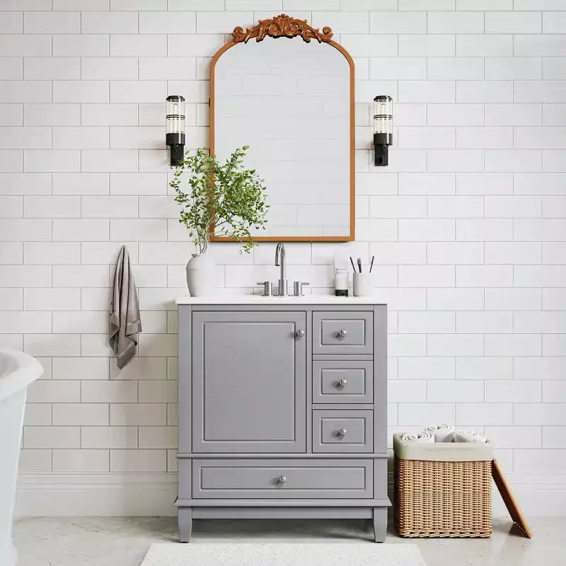 20x30 Inch Carved Black Arched Medicine Cabinet with Mirror Recessed or Surface Mount Sturdy Vintage Metal Frame