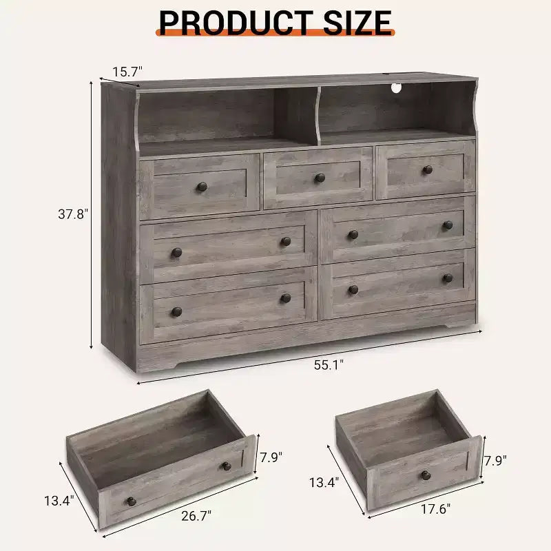 Freestanding Dresser, Chest of 7 Drawers with LED, 2 Open Compartments and Charging Station, Storage Organizer for Bedroom Entryway Nursery