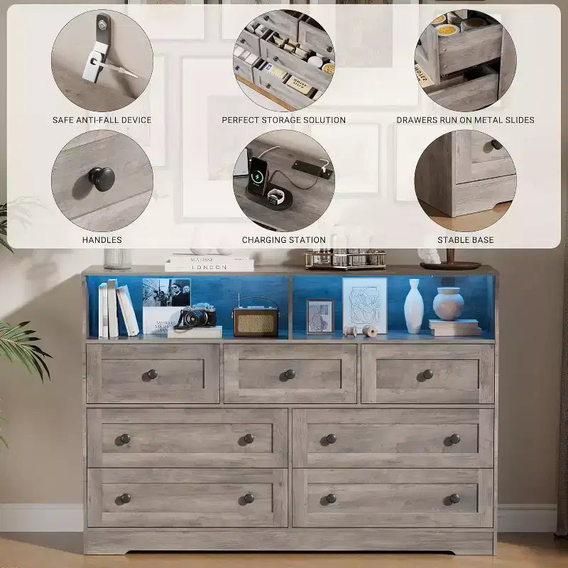 Freestanding Dresser, Chest of 7 Drawers with LED, 2 Open Compartments and Charging Station, Storage Organizer for Bedroom Entryway Nursery