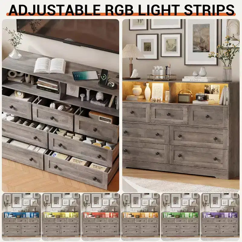 Freestanding Dresser, Chest of 7 Drawers with LED, 2 Open Compartments and Charging Station, Storage Organizer for Bedroom Entryway Nursery
