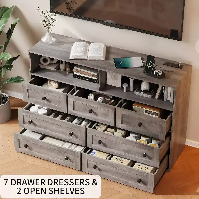 Freestanding Dresser, Chest of 7 Drawers with LED, 2 Open Compartments and Charging Station, Storage Organizer for Bedroom Entryway Nursery
