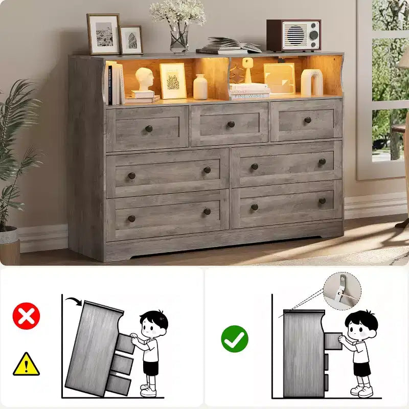 Freestanding Dresser, Chest of 7 Drawers with LED, 2 Open Compartments and Charging Station, Storage Organizer for Bedroom Entryway Nursery
