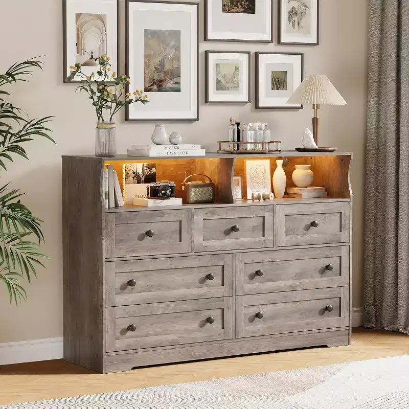 Freestanding Dresser, Chest of 7 Drawers with LED, 2 Open Compartments and Charging Station, Storage Organizer for Bedroom Entryway Nursery