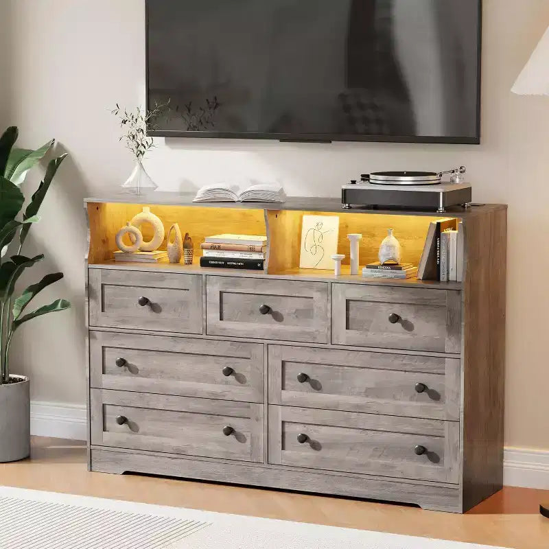 Freestanding Dresser, Chest of 7 Drawers with LED, 2 Open Compartments and Charging Station, Storage Organizer for Bedroom Entryway Nursery