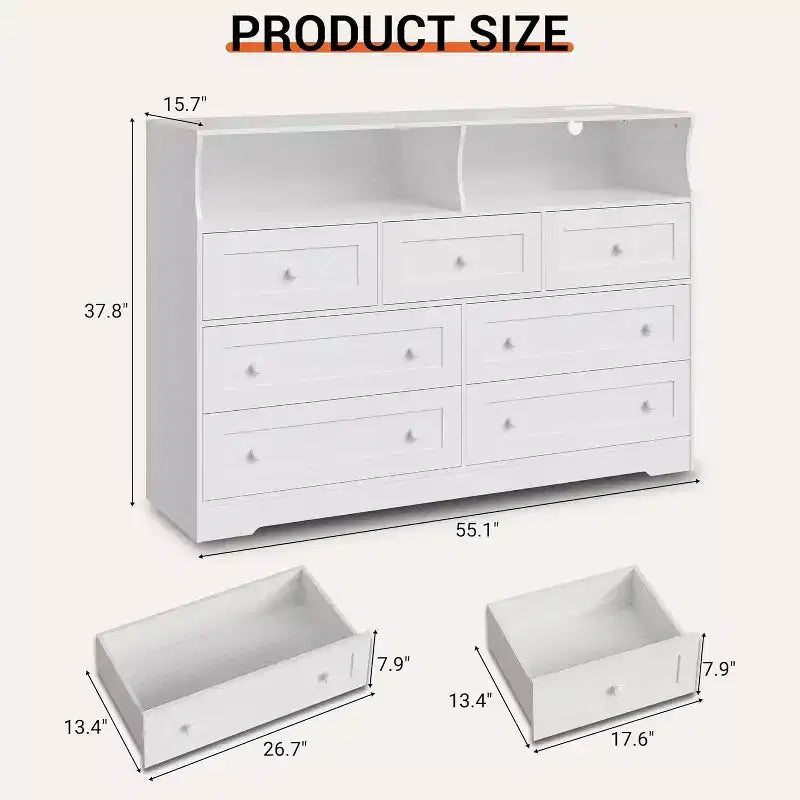 Freestanding Dresser, Chest of 7 Drawers with LED, 2 Open Compartments and Charging Station, Storage Organizer for Bedroom Entryway Nursery