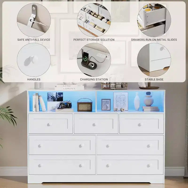 Freestanding Dresser, Chest of 7 Drawers with LED, 2 Open Compartments and Charging Station, Storage Organizer for Bedroom Entryway Nursery