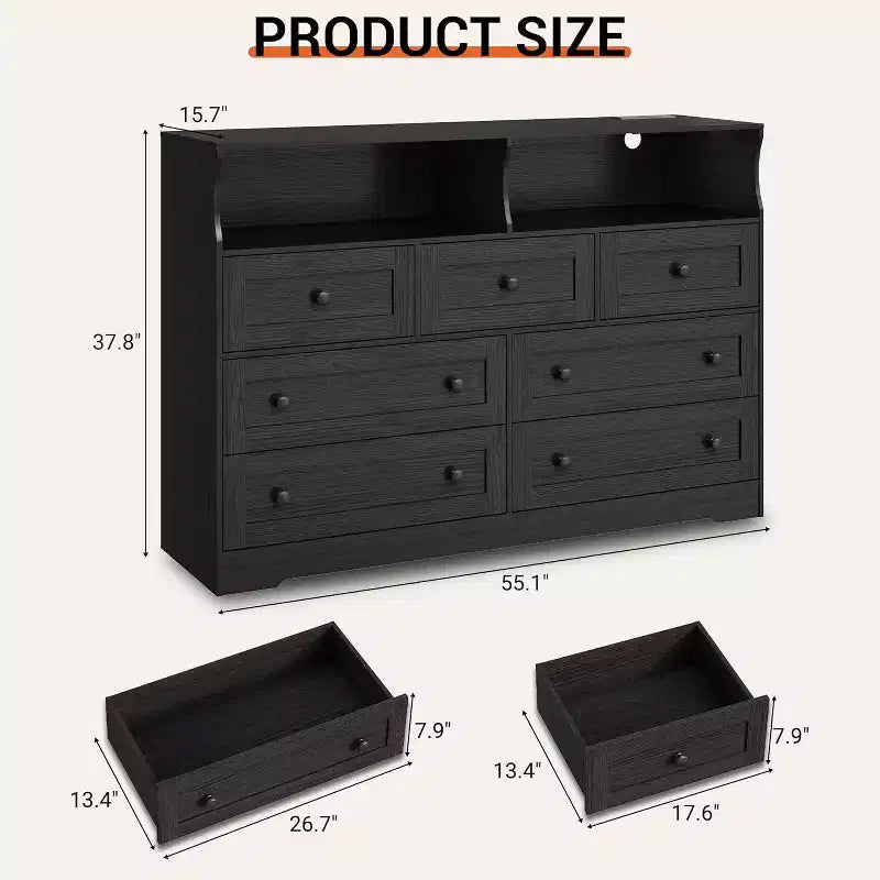 Freestanding Dresser, Chest of 7 Drawers with LED, 2 Open Compartments and Charging Station, Storage Organizer for Bedroom Entryway Nursery