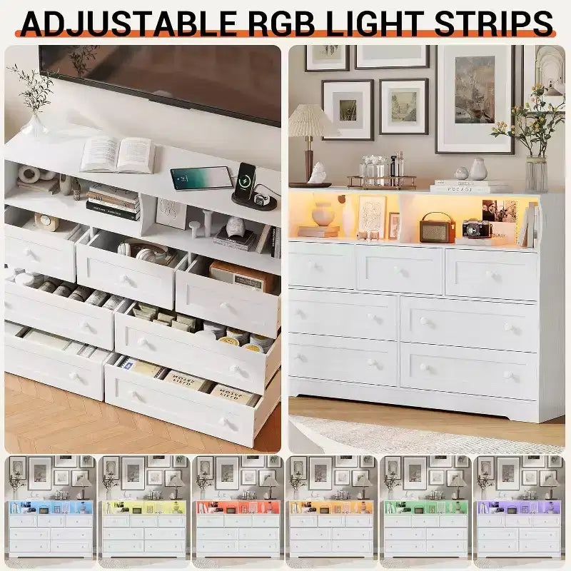 Freestanding Dresser, Chest of 7 Drawers with LED, 2 Open Compartments and Charging Station, Storage Organizer for Bedroom Entryway Nursery