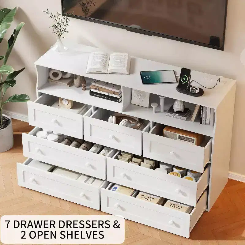 Freestanding Dresser, Chest of 7 Drawers with LED, 2 Open Compartments and Charging Station, Storage Organizer for Bedroom Entryway Nursery
