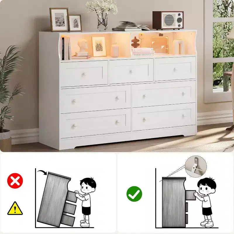 Freestanding Dresser, Chest of 7 Drawers with LED, 2 Open Compartments and Charging Station, Storage Organizer for Bedroom Entryway Nursery