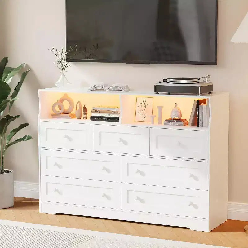 Freestanding Dresser, Chest of 7 Drawers with LED, 2 Open Compartments and Charging Station, Storage Organizer for Bedroom Entryway Nursery