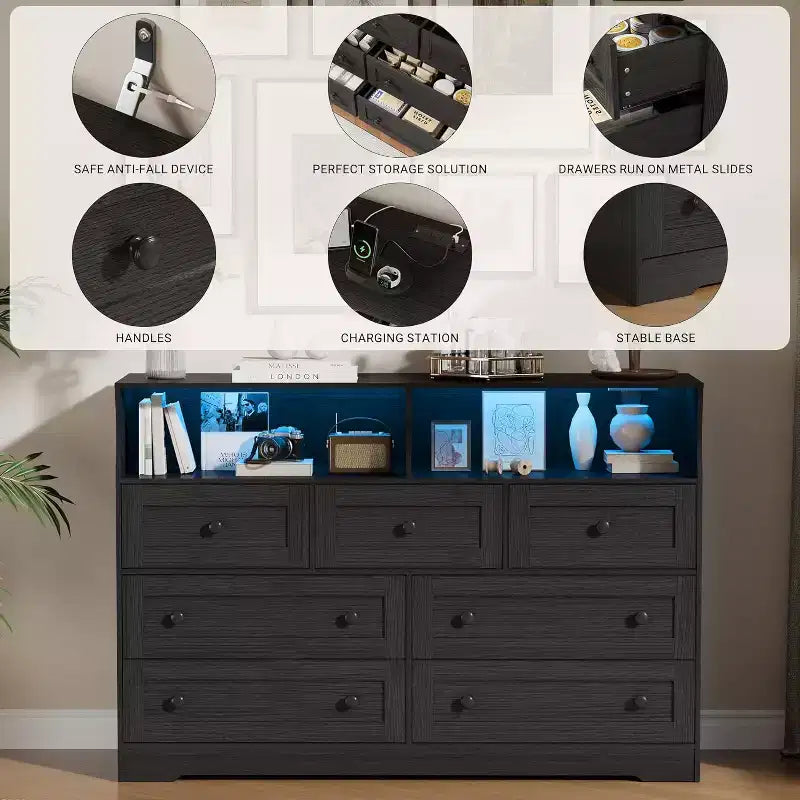 Freestanding Dresser, Chest of 7 Drawers with LED, 2 Open Compartments and Charging Station, Storage Organizer for Bedroom Entryway Nursery