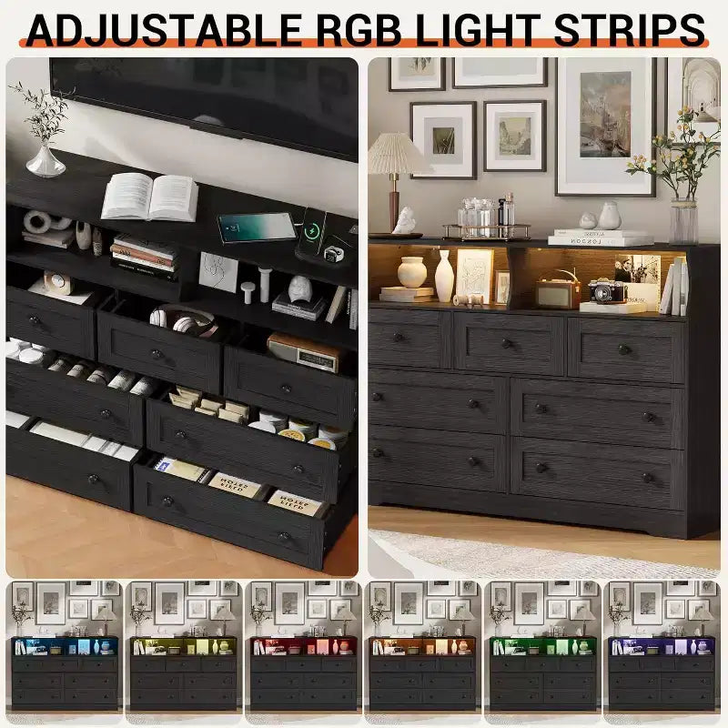 Freestanding Dresser, Chest of 7 Drawers with LED, 2 Open Compartments and Charging Station, Storage Organizer for Bedroom Entryway Nursery