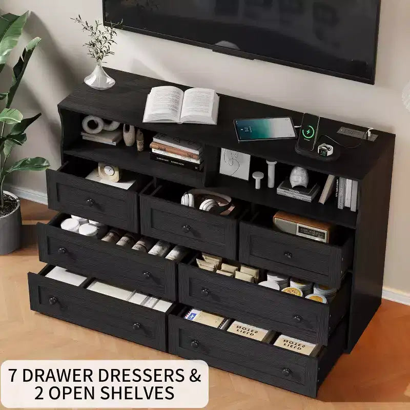 Freestanding Dresser, Chest of 7 Drawers with LED, 2 Open Compartments and Charging Station, Storage Organizer for Bedroom Entryway Nursery