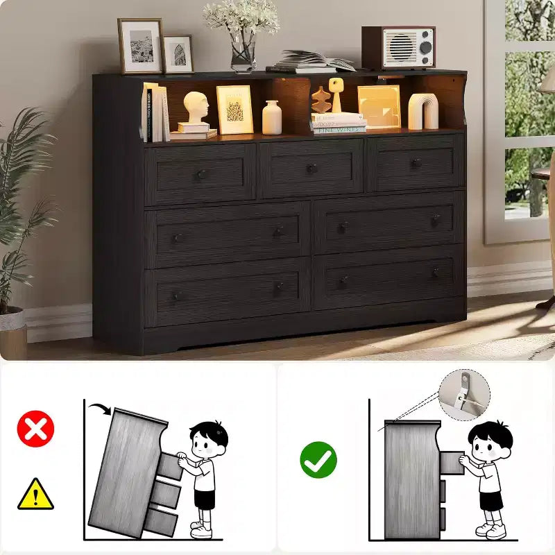 Freestanding Dresser, Chest of 7 Drawers with LED, 2 Open Compartments and Charging Station, Storage Organizer for Bedroom Entryway Nursery