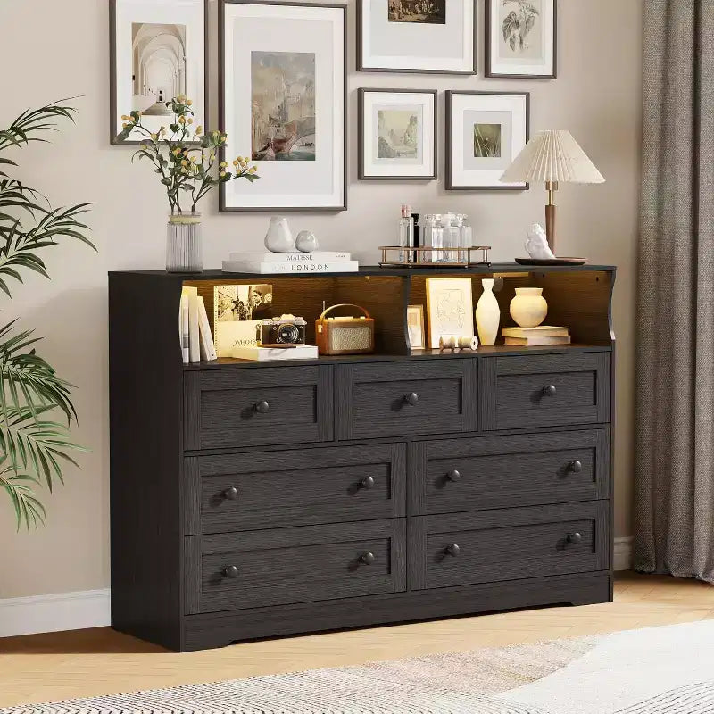 Freestanding Dresser, Chest of 7 Drawers with LED, 2 Open Compartments and Charging Station, Storage Organizer for Bedroom Entryway Nursery