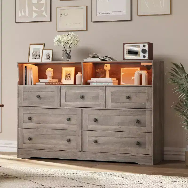 Freestanding Dresser, Chest of 7 Drawers with LED, 2 Open Compartments and Charging Station, Storage Organizer for Bedroom Entryway Nursery