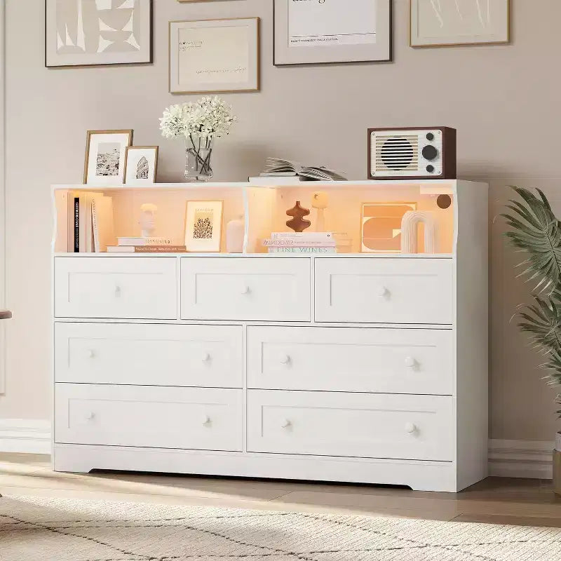 Freestanding Dresser, Chest of 7 Drawers with LED, 2 Open Compartments and Charging Station, Storage Organizer for Bedroom Entryway Nursery