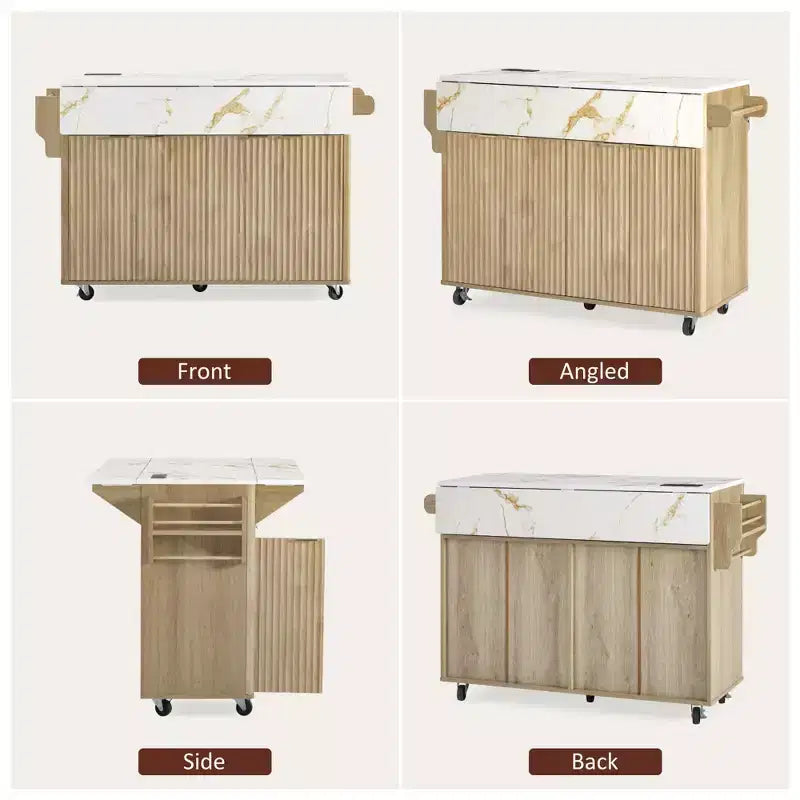 55.5W Fluted Kitchen Island with 2 Drop Leaves, Faux Marble Top Rolling Cart with Power Outlet, Storage & Spice Rack - ModernLuxe