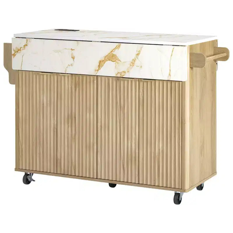 55.5W Fluted Kitchen Island with 2 Drop Leaves, Faux Marble Top Rolling Cart with Power Outlet, Storage & Spice Rack - ModernLuxe