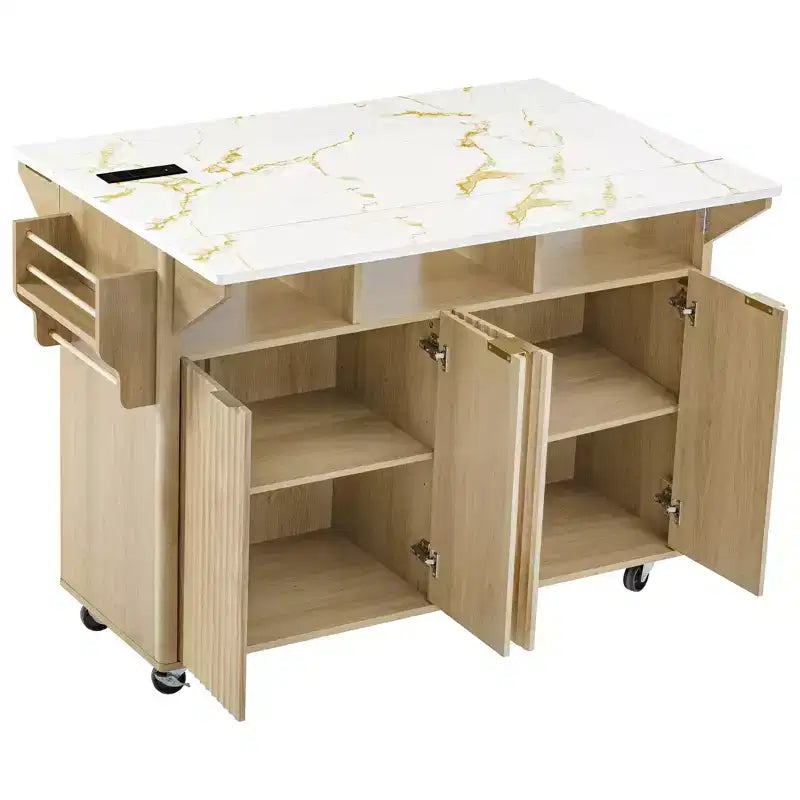 55.5W Fluted Kitchen Island with 2 Drop Leaves, Faux Marble Top Rolling Cart with Power Outlet, Storage & Spice Rack - ModernLuxe
