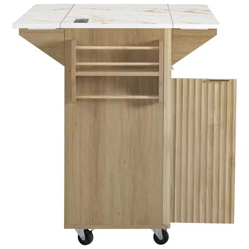 55.5W Fluted Kitchen Island with 2 Drop Leaves, Faux Marble Top Rolling Cart with Power Outlet, Storage & Spice Rack - ModernLuxe