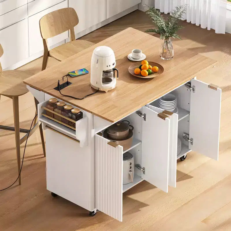 55.5W Fluted Kitchen Island with 2 Drop Leaves, Faux Marble Top Rolling Cart with Power Outlet, Storage & Spice Rack - ModernLuxe