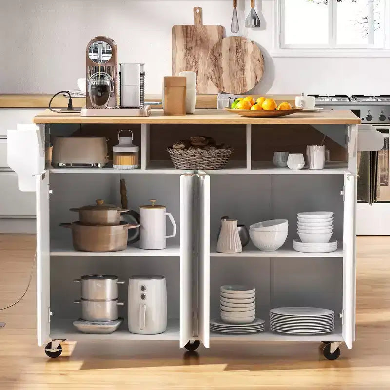 55.5W Fluted Kitchen Island with 2 Drop Leaves, Faux Marble Top Rolling Cart with Power Outlet, Storage & Spice Rack - ModernLuxe