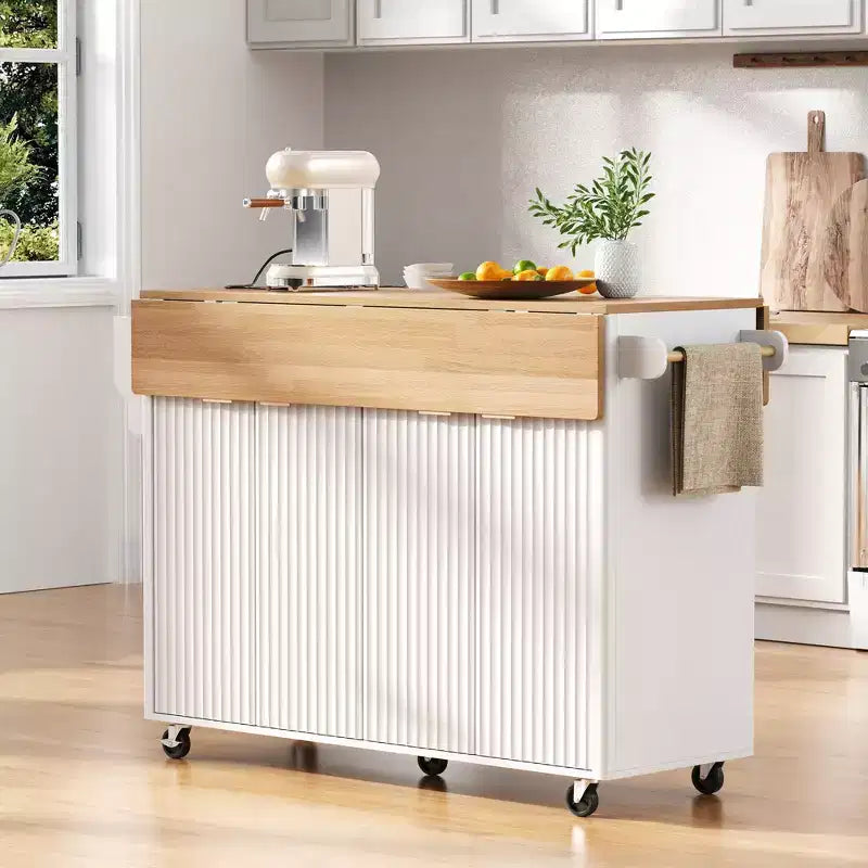 55.5W Fluted Kitchen Island with 2 Drop Leaves, Faux Marble Top Rolling Cart with Power Outlet, Storage & Spice Rack - ModernLuxe