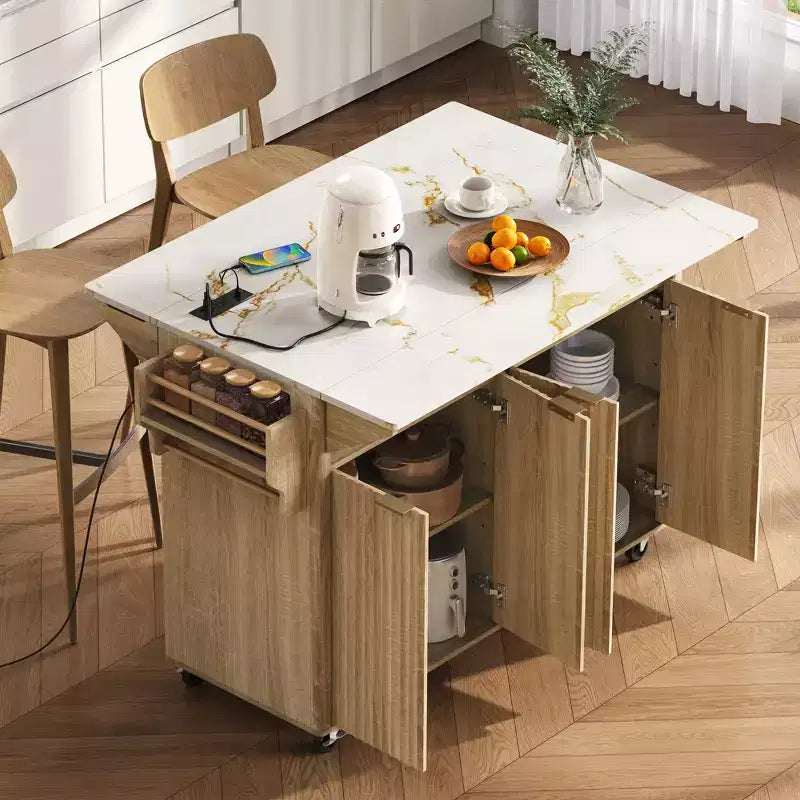 55.5W Fluted Kitchen Island with 2 Drop Leaves, Faux Marble Top Rolling Cart with Power Outlet, Storage & Spice Rack - ModernLuxe