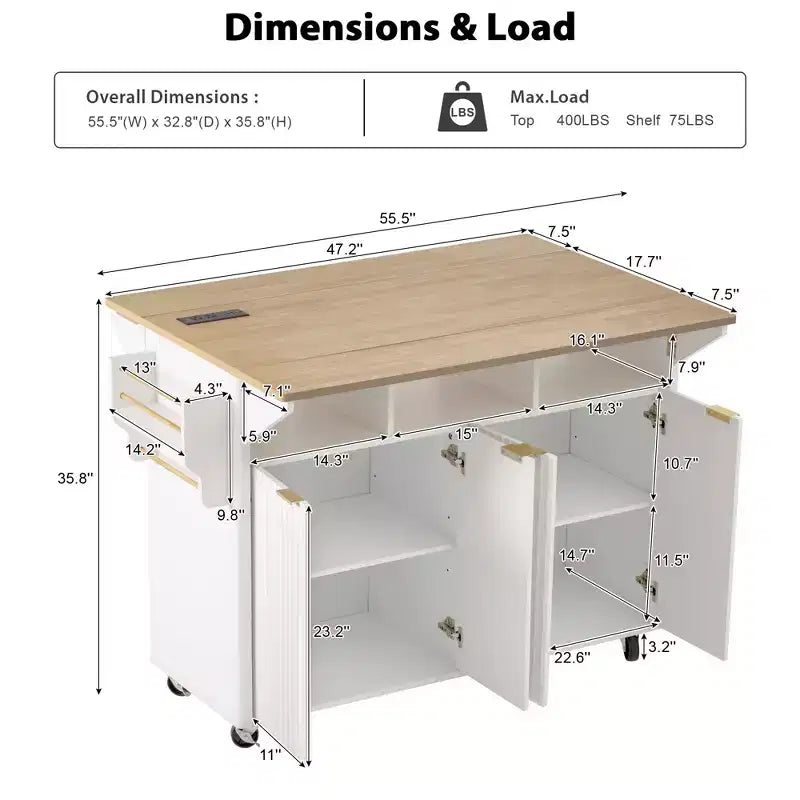 55.5W Fluted Kitchen Island with 2 Drop Leaves, Faux Marble Top Rolling Cart with Power Outlet, Storage & Spice Rack - ModernLuxe