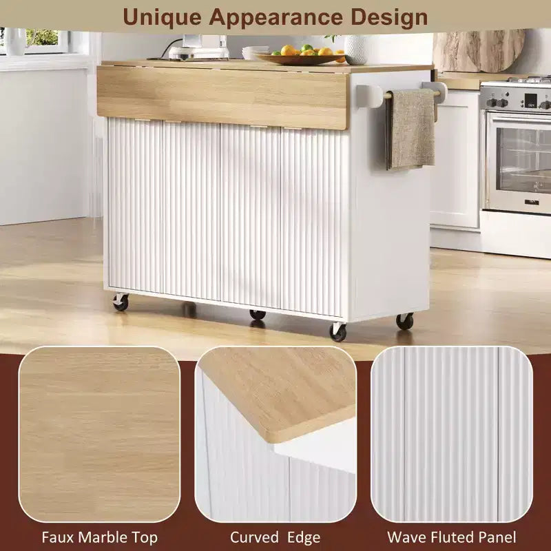 55.5W Fluted Kitchen Island with 2 Drop Leaves, Faux Marble Top Rolling Cart with Power Outlet, Storage & Spice Rack - ModernLuxe