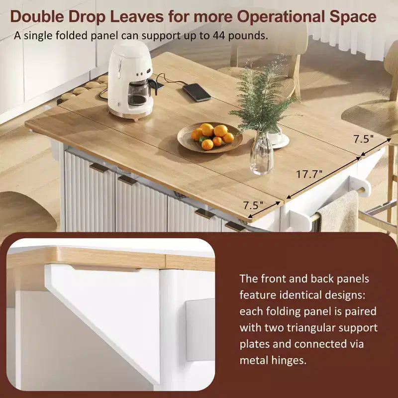 55.5W Fluted Kitchen Island with 2 Drop Leaves, Faux Marble Top Rolling Cart with Power Outlet, Storage & Spice Rack - ModernLuxe