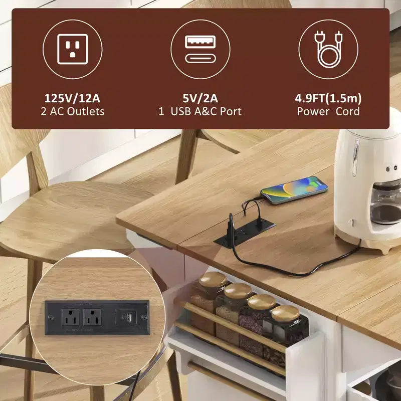 55.5W Fluted Kitchen Island with 2 Drop Leaves, Faux Marble Top Rolling Cart with Power Outlet, Storage & Spice Rack - ModernLuxe