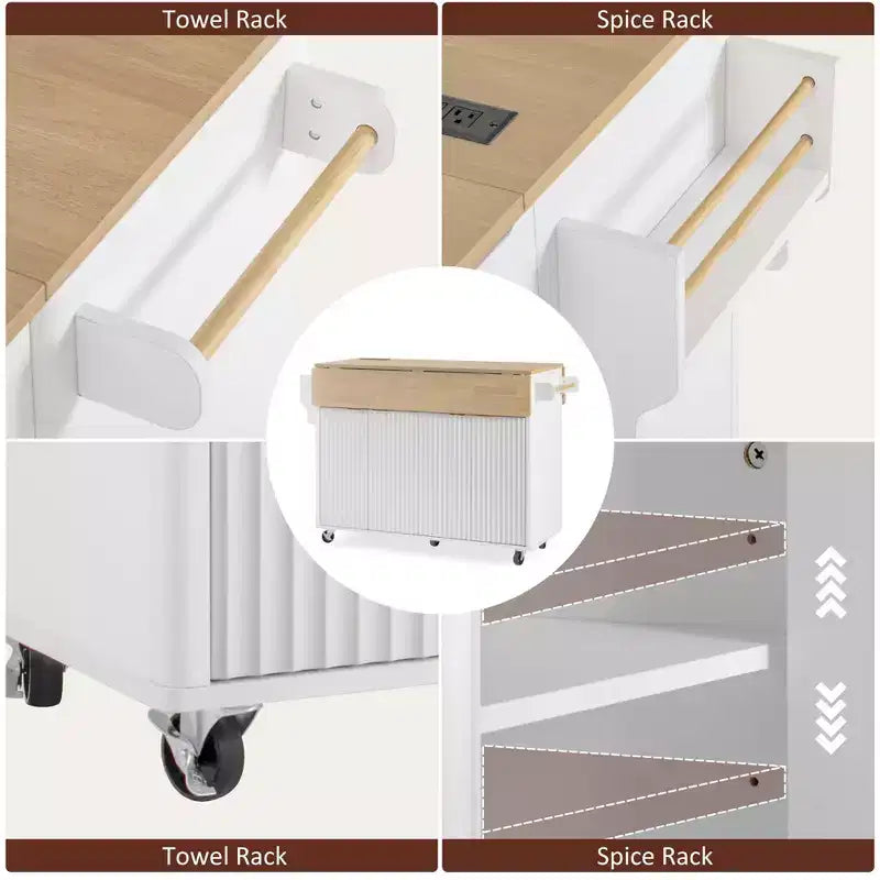 55.5W Fluted Kitchen Island with 2 Drop Leaves, Faux Marble Top Rolling Cart with Power Outlet, Storage & Spice Rack - ModernLuxe