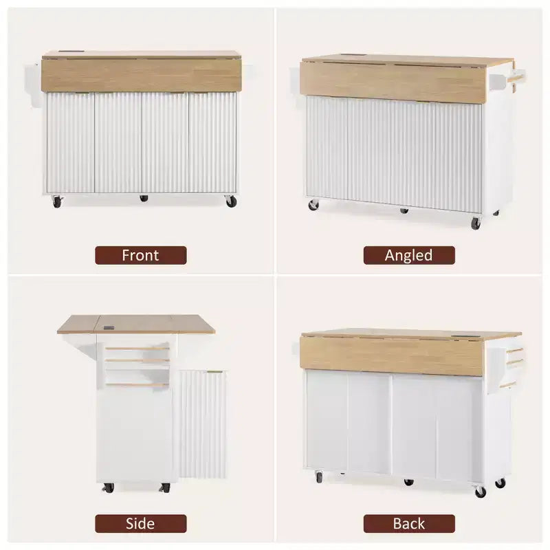 55.5W Fluted Kitchen Island with 2 Drop Leaves, Faux Marble Top Rolling Cart with Power Outlet, Storage & Spice Rack - ModernLuxe