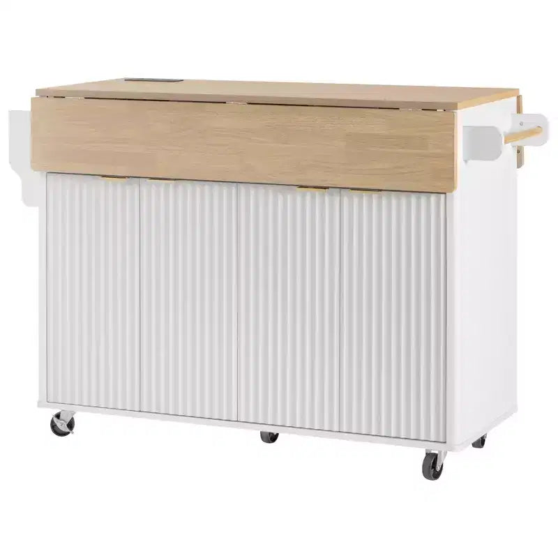 55.5W Fluted Kitchen Island with 2 Drop Leaves, Faux Marble Top Rolling Cart with Power Outlet, Storage & Spice Rack - ModernLuxe